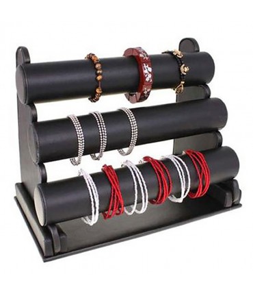 Support bracelet montres jonc en simili cuir à 3 rangs - Noir