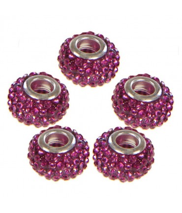 Perles shamballa rondes soucoupes strass cristal ( 5 pièces ) ( 14 mm de diamètre ) - Fuchsia